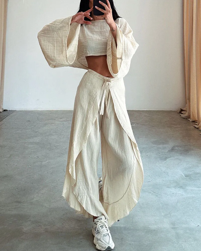 Linen Blend Crop Top Elastic Waist Ruffled Pant Set