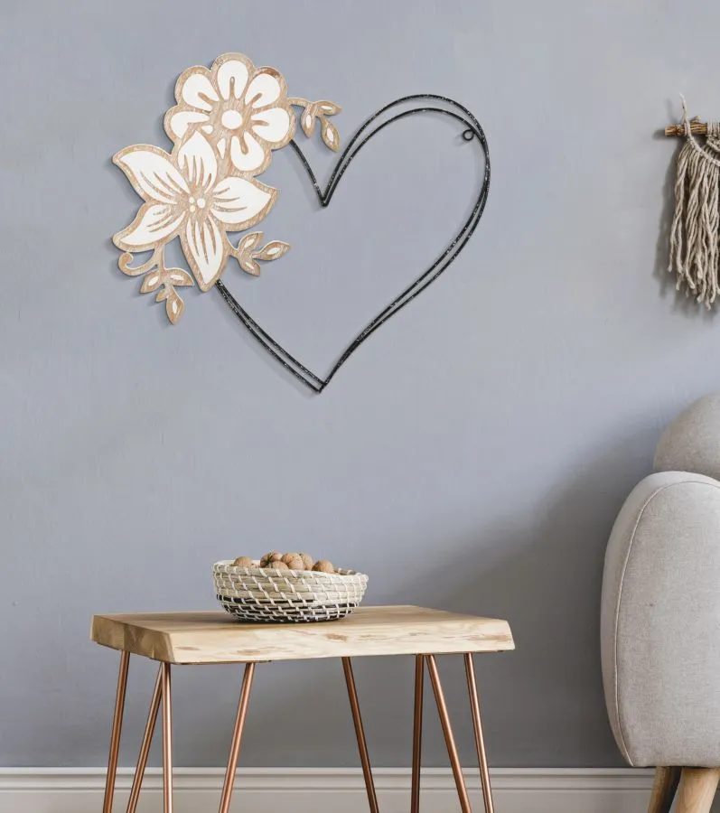 Metal & Wooden Heart with Flowers Wall Decor