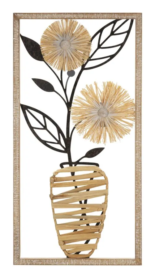 Metal & Wooden Vase with Flowers Wall Decor in Square Frame