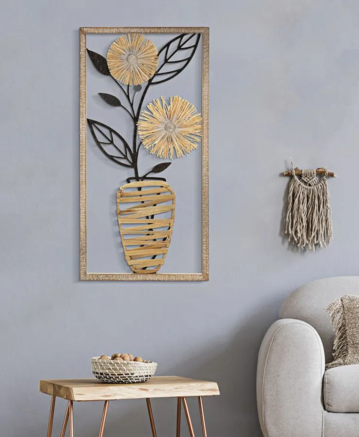 Metal & Wooden Vase with Flowers Wall Decor in Square Frame