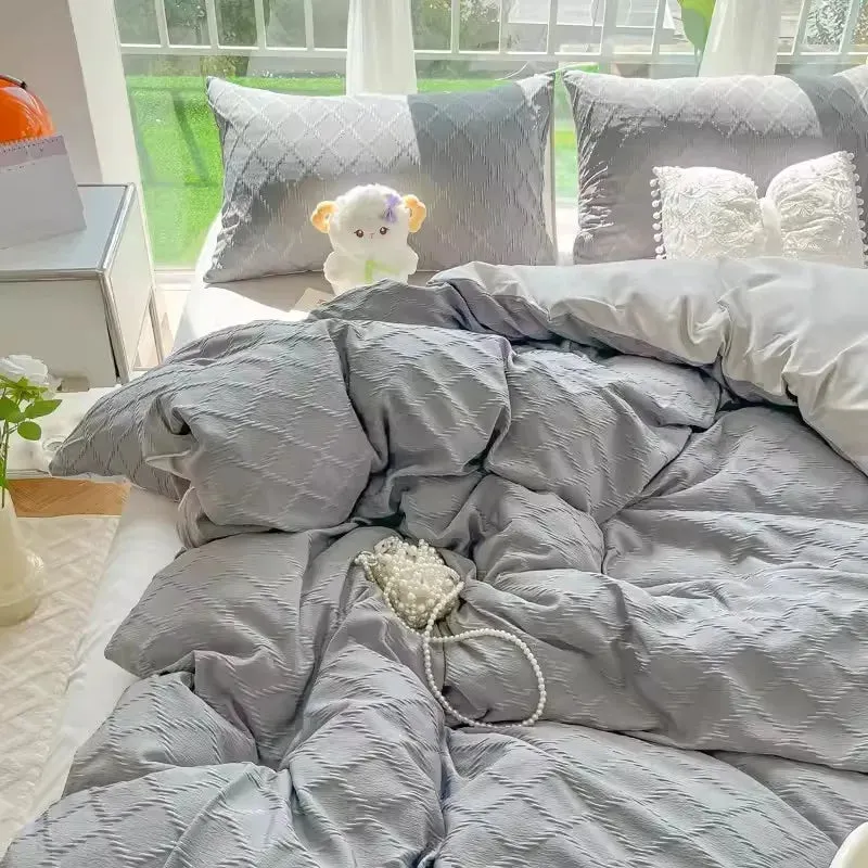 SINOTAO  -  Cute Korean Adults Bedding Sets Aesthetic King Queen Twin Size Ins Solid Color Double Bed Sheets Ruffled Duvet Quilt Cover Set