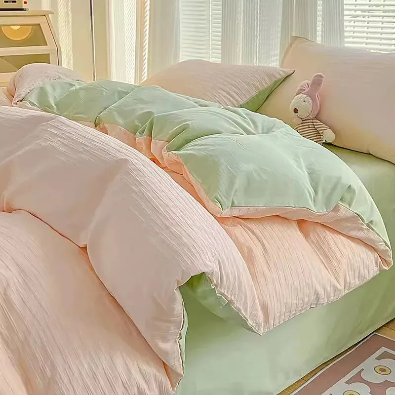 SINOTAO  -  Cute Korean Adults Bedding Sets Aesthetic King Queen Twin Size Ins Solid Color Double Bed Sheets Ruffled Duvet Quilt Cover Set
