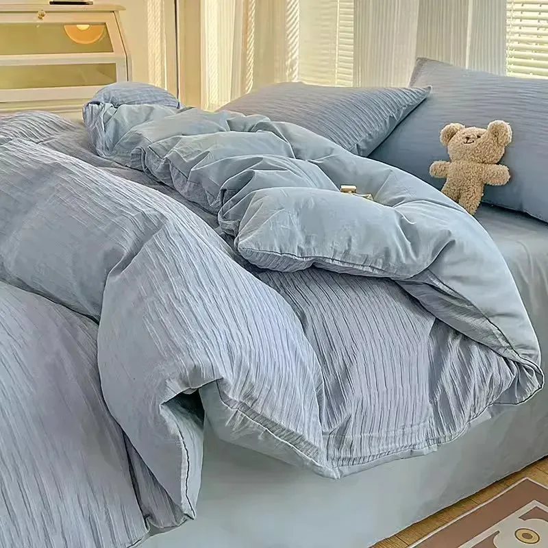 SINOTAO  -  Cute Korean Adults Bedding Sets Aesthetic King Queen Twin Size Ins Solid Color Double Bed Sheets Ruffled Duvet Quilt Cover Set