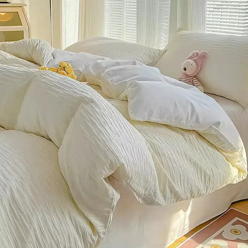 SINOTAO  -  Cute Korean Adults Bedding Sets Aesthetic King Queen Twin Size Ins Solid Color Double Bed Sheets Ruffled Duvet Quilt Cover Set