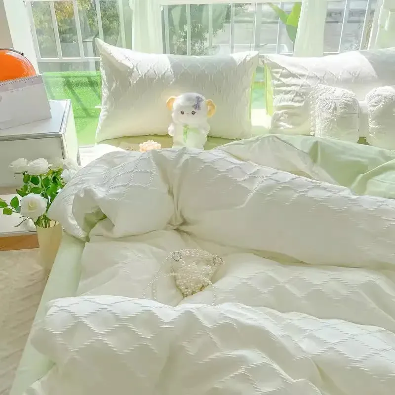 SINOTAO  -  Cute Korean Adults Bedding Sets Aesthetic King Queen Twin Size Ins Solid Color Double Bed Sheets Ruffled Duvet Quilt Cover Set