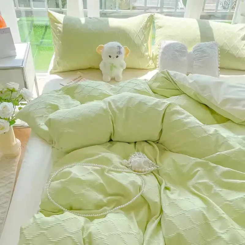 SINOTAO  -  Cute Korean Adults Bedding Sets Aesthetic King Queen Twin Size Ins Solid Color Double Bed Sheets Ruffled Duvet Quilt Cover Set
