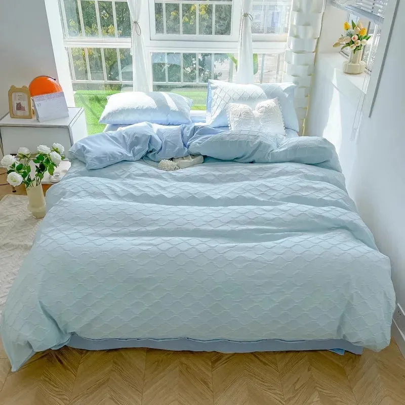 SINOTAO  -  Cute Korean Adults Bedding Sets Aesthetic King Queen Twin Size Ins Solid Color Double Bed Sheets Ruffled Duvet Quilt Cover Set