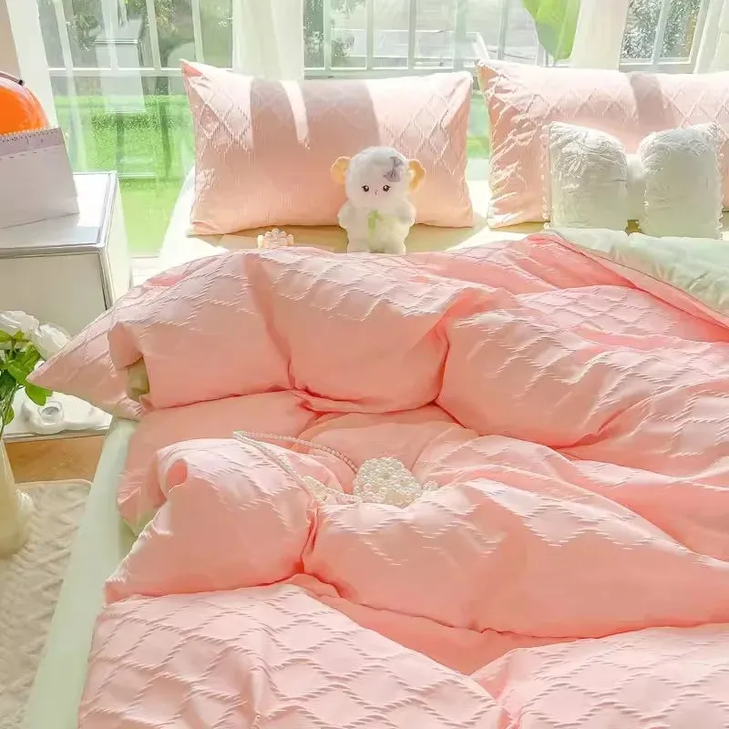 SINOTAO  -  Cute Korean Adults Bedding Sets Aesthetic King Queen Twin Size Ins Solid Color Double Bed Sheets Ruffled Duvet Quilt Cover Set