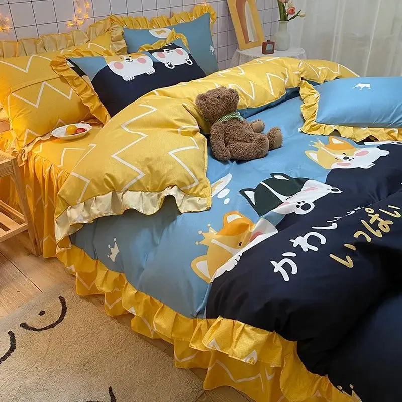 SINOTAO  -  Ins Blue Flower Bedding Set Beautiful Bed Skirt Soft Home Textile Twin Queen Size Polyester Quilt Cover Pillowcases Duvet Cover