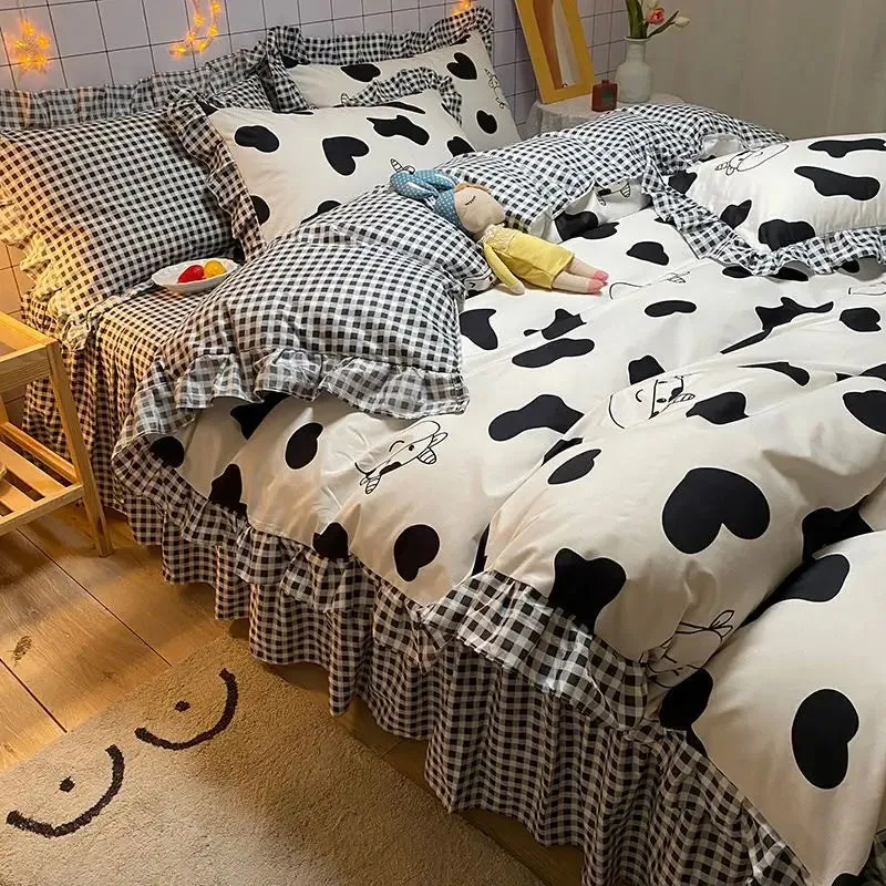SINOTAO  -  Ins Blue Flower Bedding Set Beautiful Bed Skirt Soft Home Textile Twin Queen Size Polyester Quilt Cover Pillowcases Duvet Cover