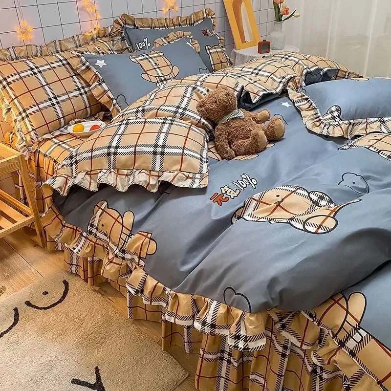 SINOTAO  -  Ins Blue Flower Bedding Set Beautiful Bed Skirt Soft Home Textile Twin Queen Size Polyester Quilt Cover Pillowcases Duvet Cover