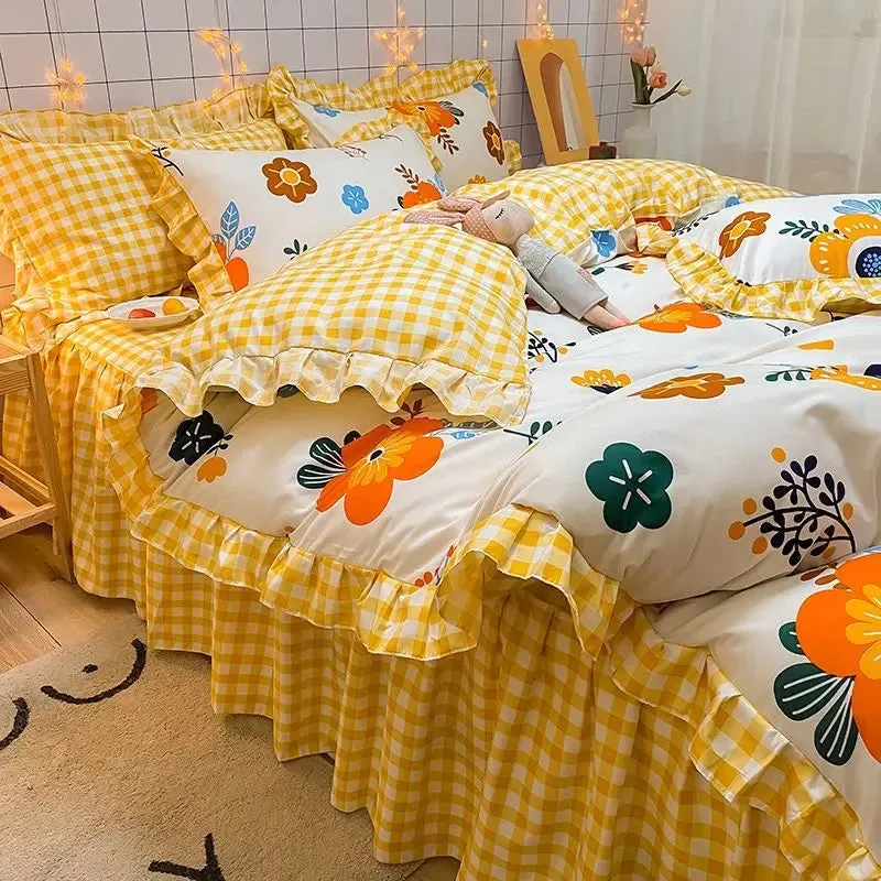 SINOTAO  -  Ins Blue Flower Bedding Set Beautiful Bed Skirt Soft Home Textile Twin Queen Size Polyester Quilt Cover Pillowcases Duvet Cover